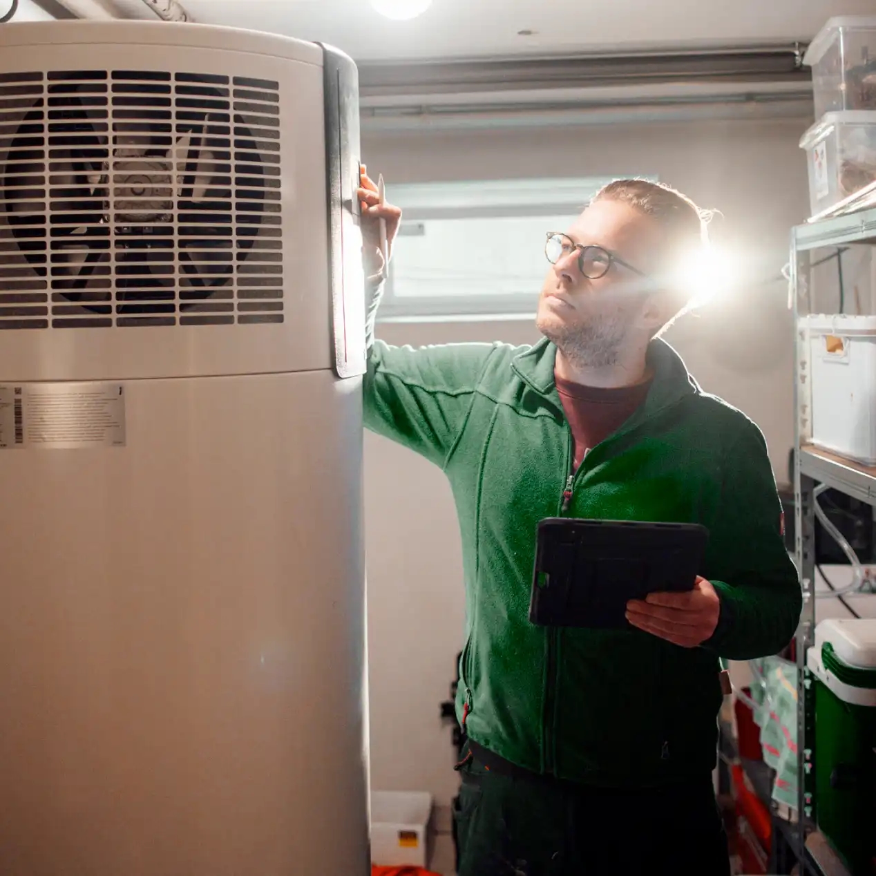 Fachhandwerker mit Wärmepumpe